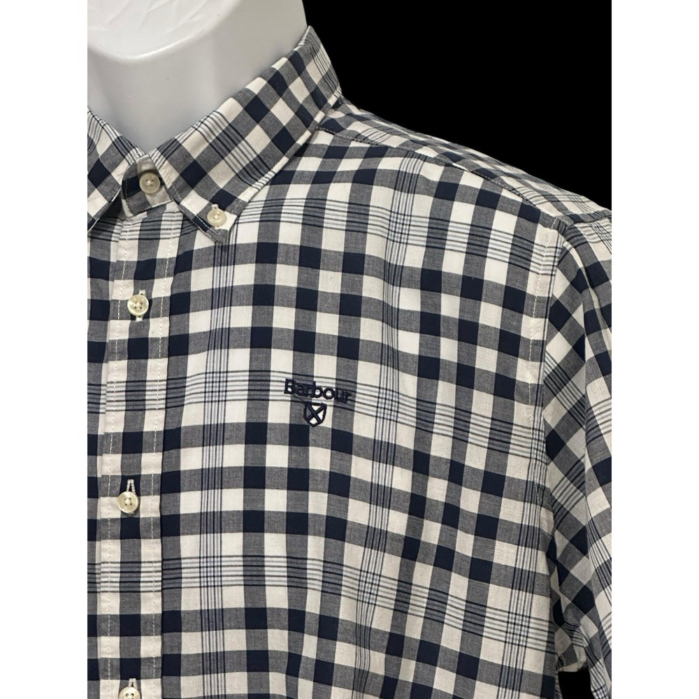 Barbour Men Shirt Button S Camp Blue Check Plaid Logo Embroidered